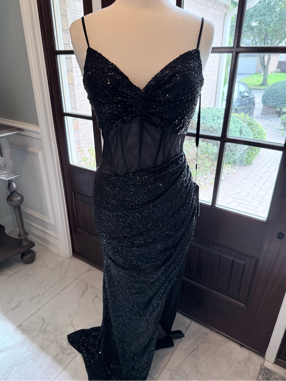 Black Sequin Mesh Corset Evening Gown